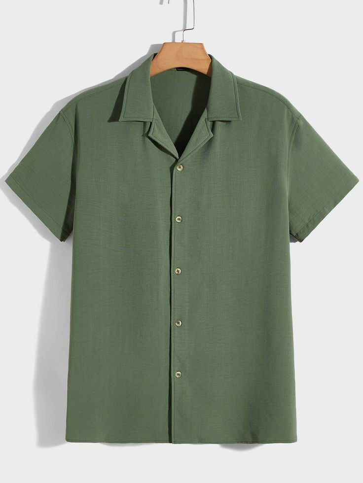 Plain Casual Button Up Shirt_Olive Green