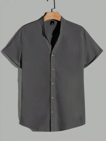 Stand Collar Button Up Shirt_Dark Grey