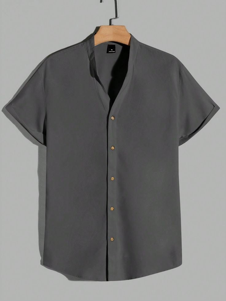 Stand Collar Button Up Shirt_Dark Grey