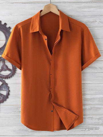Plain Casual Button Up Shirt_Blurent Orange